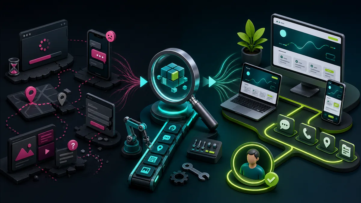 Jornada digital fragmentada sendo diagnosticada e transformada em experiência organizada