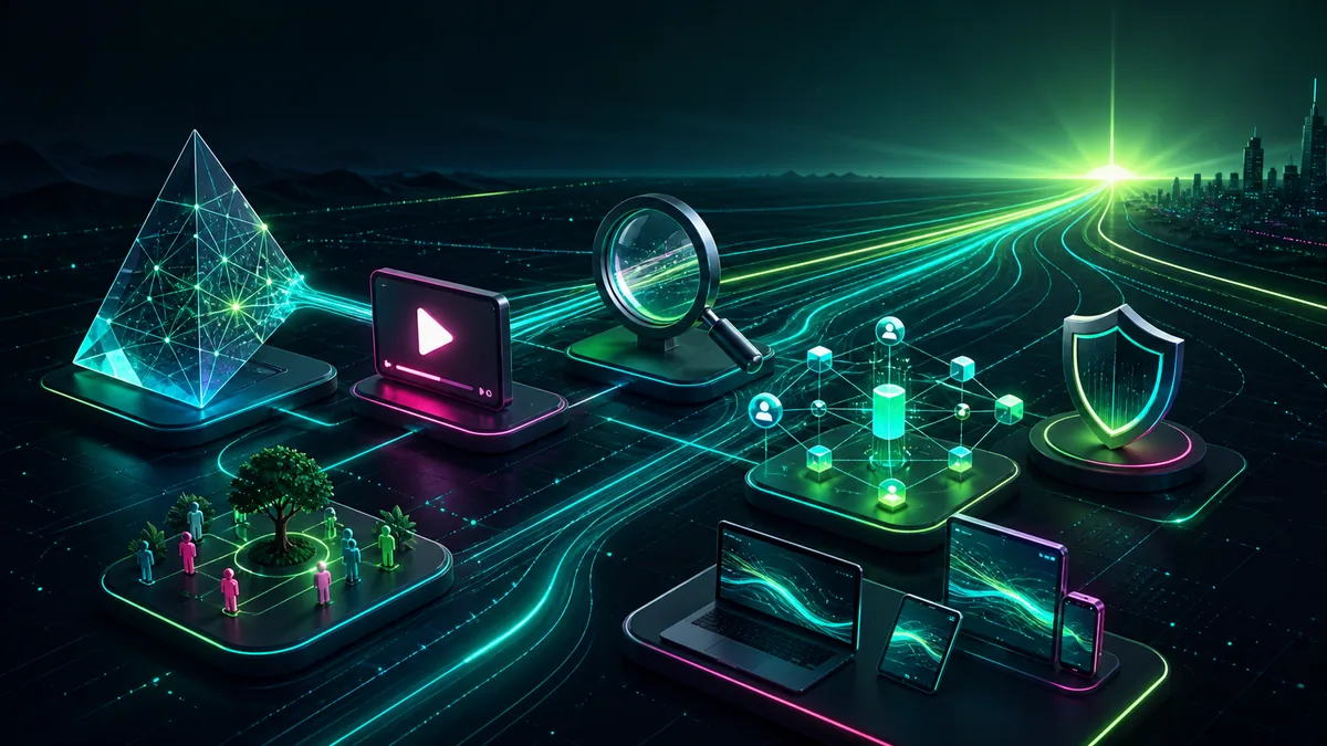 Ecossistema de tendências com inteligência artificial, vídeo, busca, dados, privacidade e experiência digital
